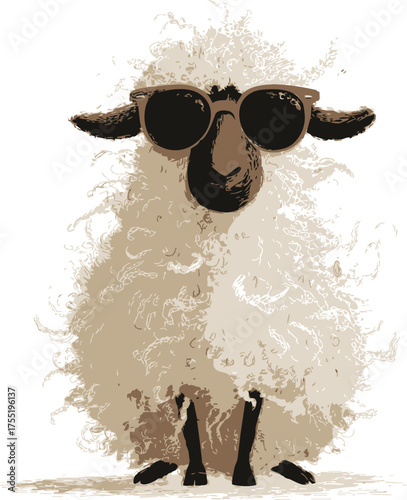 Sheep sketch hand drawn wearing sunglasses, humorous curly wool animal — stock vector