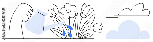 Hand pouring water from watering can onto blooming flowers amidst minimalist garden design. Ideal for gardening, nature, growth, care, sustainability, nurturing, personal development, simple flat