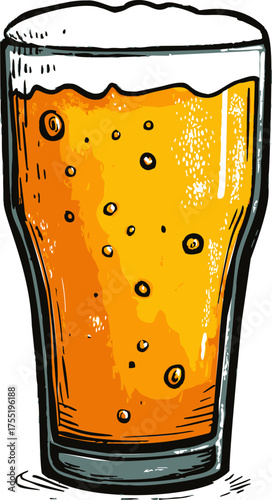 Pint beer glass sketch hand drawn with frothy lager and bubbles — stock vector