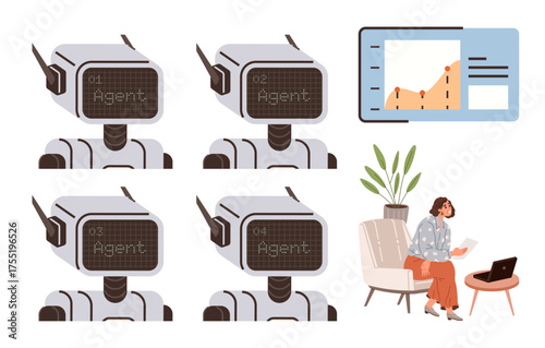 Four AI bots with agent labels analyze business data displayed on a screen. A professional seated nearby reviews insights on a laptop. Ideal for technology, AI, data, analytics, teamwork, innovation