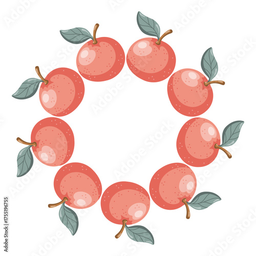 Round frame with orange tangerines and green leaves in harvest style. Vector isolated illustration on white background. 
