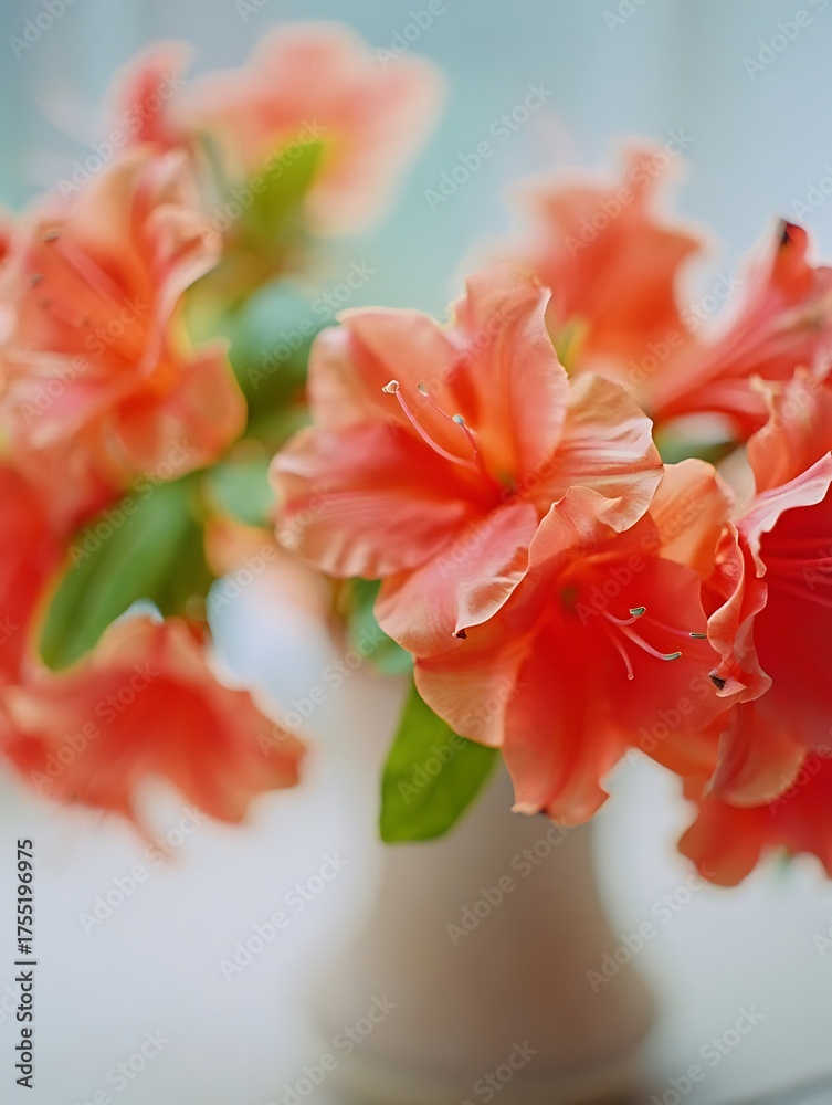 Fototapeta premium Elegant peach azalea flowers blossoming in vase indoor close up view