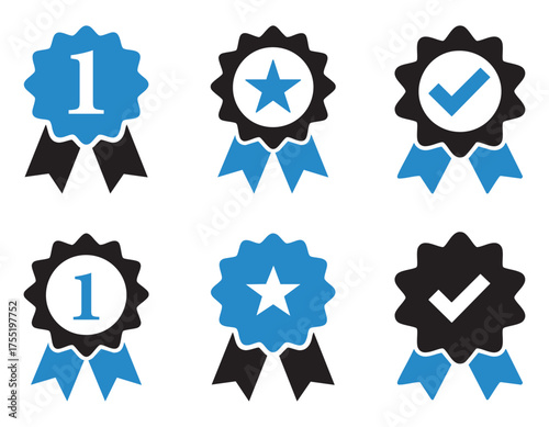 set of icons, Collection of Award Ribbons and Badges Featuring First Place Stars and Checkmarks for Recognition and Achievement	