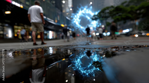 Wallpaper Mural A bustling city street filled with people showcases dynamic energy, enhanced by a glowing circle in the foreground that symbolizes connection amid urban chaos at night. Torontodigital.ca