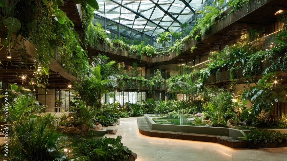 Obraz premium Visitors enjoy lush greenery and tranquil water features in a bright spacious indoor garden.
