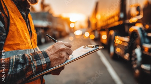 Logistics worker checking inventory on clipboard at sunset