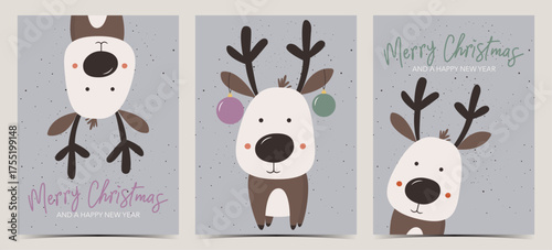 Cute set of Merry Christmas greeting cards, postcards, invitations with adorable reindeer on light blue background, vector illustration