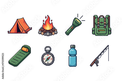 Essential camping gear: tent, campfire, flashlight, backpack, sleeping bag, compass, water bottle, fishing rod. Vector illustration