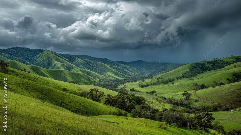 Fototapeta premium Rolling green hills are framed by dark clouds creating a dramatic and captivating scene.