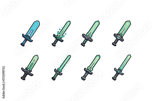 Various stylized swords collection with unique designs and colors. Vector illustration