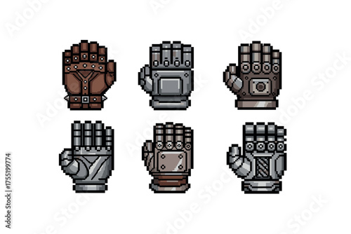 Pixel art robotic and leather gloved fists collection in retro style. Vector illustration