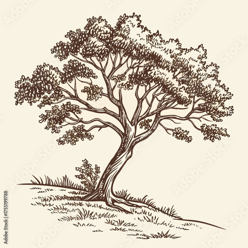 Hand Drawn Tree Vintage Rough Woodcut Engraving Linocut Style Vector Illustration