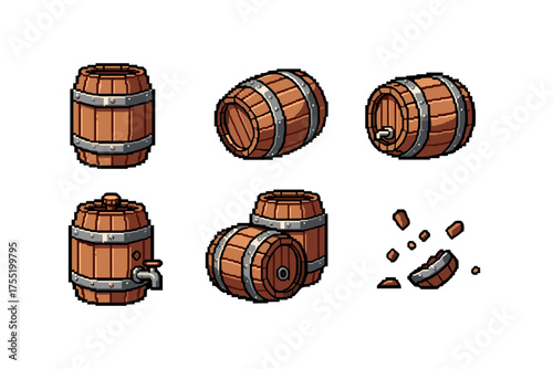 Pixel art wooden barrels unbroken rolling tapped destroyed variations. Vector illustration