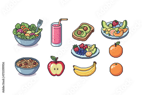 Pixel art healthy breakfast with fruits, smoothie, avocado toast, cereal bowl, and salad. Vector illustration