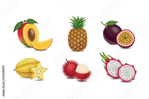 Tropical fruits collection: mango, pineapple, passion fruit, starfruit, rambutan, dragon fruit. Vector illustration