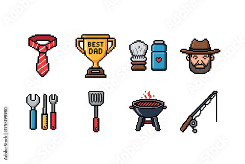 Pixel art father's day icons: tools, bbq, trophy, tie, shaving, fishing, dad hat. Vector illustration