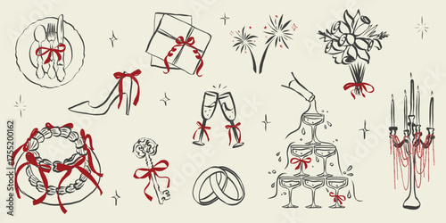 Doodle coquette wedding elements. Vintage cute symbols with ribbon and bow in simple crayon sketch style. Trendy art for Valentine day and bachelorette invitations. Whimsical vector illustration