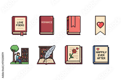 Pixel art books and reading set: love poems, romance, happily ever after. Vector illustration