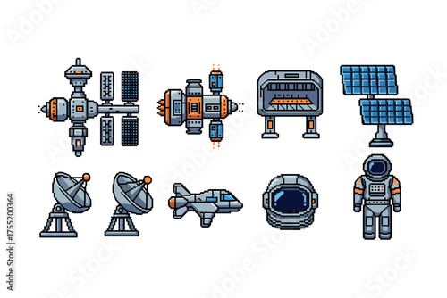 Pixel art space technology set featuring spacecraft, satellites, and astronaut equipment. Vector illustration