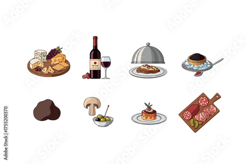 Gourmet cheese and wine selection with caviar and charcuterie delicacies. Vector illustration