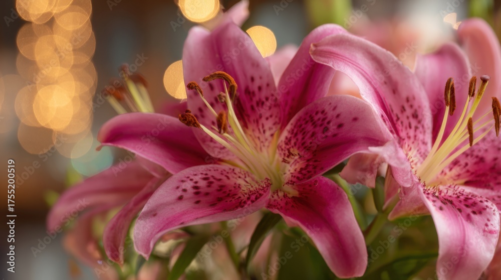 Fototapeta premium Vibrant pink lilies create a warm atmosphere enhancing the cozy indoor space with lovely lights.