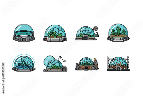 Eight futuristic bio-domes showcasing diverse eco-structures in a sci-fi landscape. Vector illustration