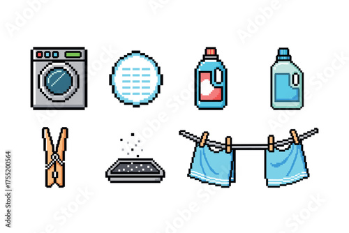 Retro-style pixel art of laundry elements: detergent bottles, washing machine, clothesline, and pegs. Vector illustration