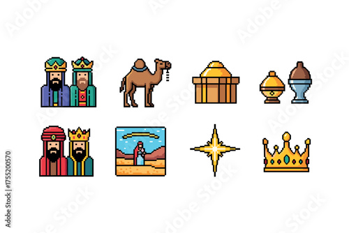 Pixel art depiction of three wise men with gifts and camel in a desert setting. Vector illustration