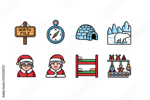 North pole icons: santa claus, mrs. claus, polar bear, igloo, compass, bunk bed, workshop, sign. Vector illustration