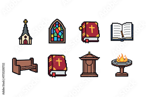 Pixel art church icons: chapel, bible, pulpit, stained glass, and altar. Vector illustration