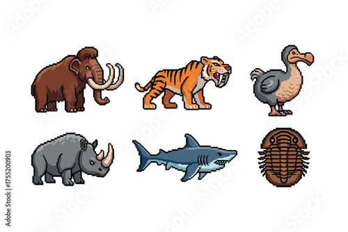 Pixel art extinct animals: mammoth, saber-toothed tiger, dodo, rhino, shark, trilobite. Vector illustration