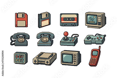Vintage technology icons collection featuring retro gadgets and devices. Vector illustration