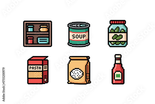 Pixel art food icons: pasta, soup, condiments, pickles, canned goods, spices. Vector illustration