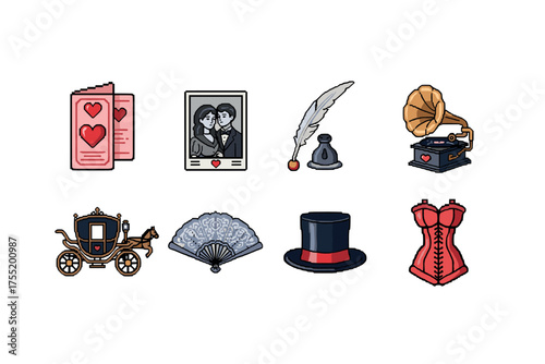 Vintage love tokens: gramophone, quill, carriage, corset, and more romantic symbols. Vector illustration