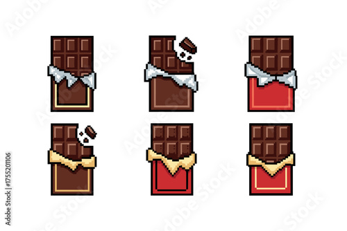 Pixel art chocolate bars with skull design and various wrappers in retro style. Vector illustration