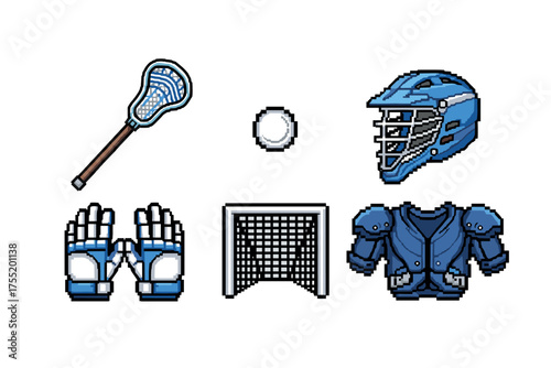 Pixel art lacrosse equipment set featuring stick, helmet, gloves, ball, goal, and shoulder pads. Vector illustration