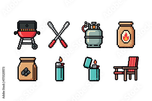 Retro barbecue pixel art: grill, tools, gas tank, charcoal, lighter, chair icons. Vector illustration