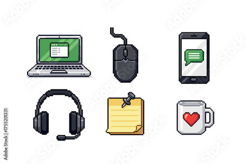 Pixel art office icons: laptop, mouse, smartphone, headphones, notes, mug with heart. Vector illustration