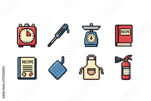Pixel art kitchen tools and accessories for cooking and baking enthusiasts. Vector illustration