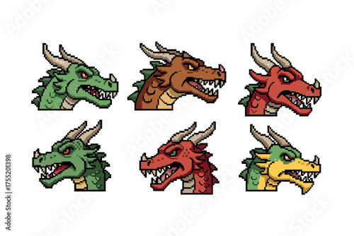Pixel art dragon heads: green, brown, red variants with horns and expressions. Vector illustration