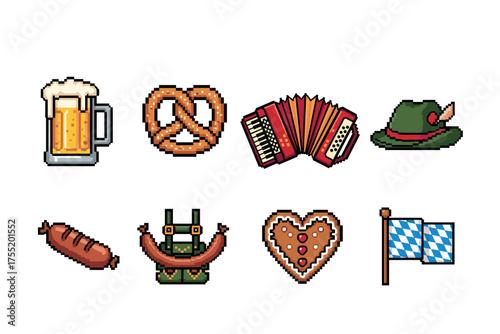Oktoberfest icons: beer, pretzel, accordions, traditional hat, sausage, lederhosen, heart cookie, bavarian flag. Vector illustration
