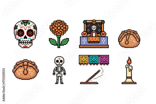 Pixel art dia de los muertos icons featuring skull, marigold, and skeleton. Vector illustration