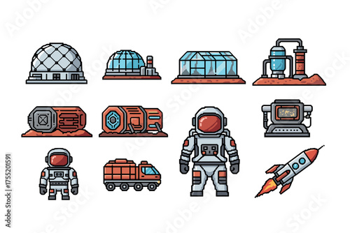 Space exploration set: astronaut, rocket, mars base, rover, and habitat elements. Vector illustration