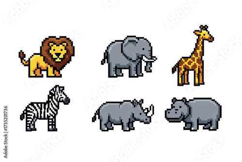 Pixel art of african safari animals featuring lion, elephant, giraffe, zebra, rhinoceros, hippopotamus. Vector illustration