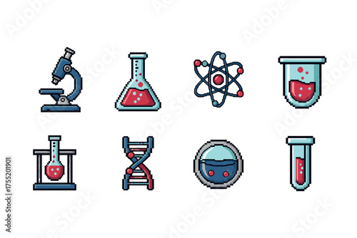 Pixel art science icons: microscope, dna helix, atom, flask, test tube, laboratory equipment. Vector illustration