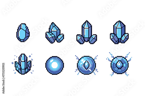 Pixel art blue crystals and orbs in various shapes and designs. Vector illustration