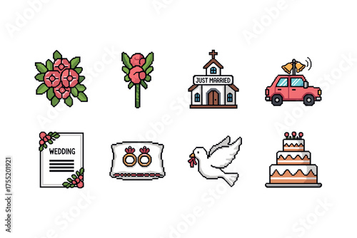 Wedding icons set: bouquet, church, car, certificate, rings, dove, cake. Vector illustration