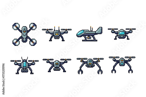 Pixel art drones collection with various designs and features. Vector illustration