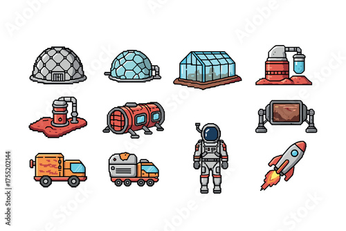 Space exploration icons including astronaut, rocket, and mars base elements. Vector illustration