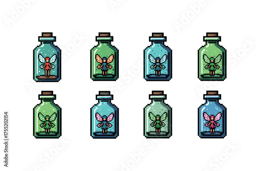 Pixel art fairy jars collection: eight colorful magical creatures in bottles. Vector illustration